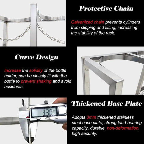 Heavy-Duty Gas Cylinder Cart Rack For 8-10L Tanks, showing stainless steel design, protective chain, and 3mm thick base plate.