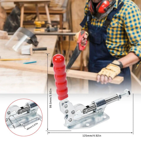 2 Pack Push Pull Toggle Clamp 36020 With 396 Lb Holding Capacity, 1.17 Inch Stroke, 144.5 Degree Handle Open, Red Grippy Cushioned Grip For Comfort, Heavy Duty Workholding Clamp For Fast, Secure Tightly Held Parts In Home Shop And Garage. side view with red handle and size labels