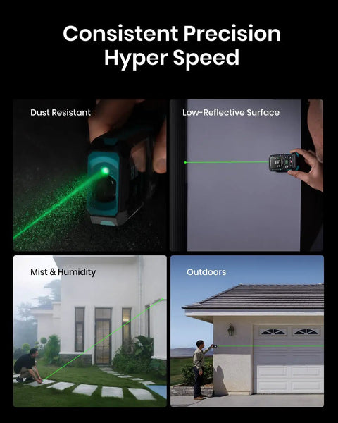 Green Beam Laser Distance Meter S50 showcasing precision in dust, reflection, mist, outdoor use with green beam alignment.