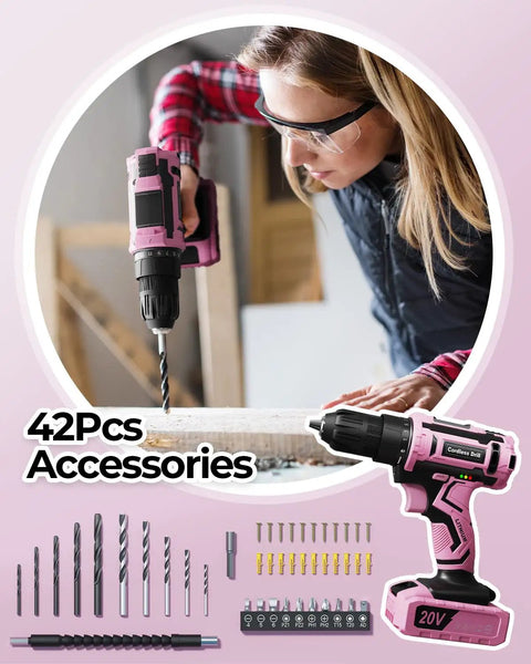 Pink Cordless Drill Set For Women 20V Lightweight Electric Power Drill With Three Eighths Inch Keyless Chuck Includes Power Pack And Charger Womens Tool Kit For Home Diy Projects And Quick Easy Household Fixes in use with accessories.