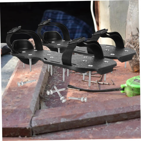 Pro Grade Lawn Aerator Shoes With 20 Heavy Duty Metal Spikes Replacement Pegs on outdoor surface, product display