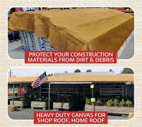 8 By 10 Tan Canvas Tarp, 12oz Heavy Duty Polyester used as roof cover, water resistant and breathable, outdoor shelter for projects