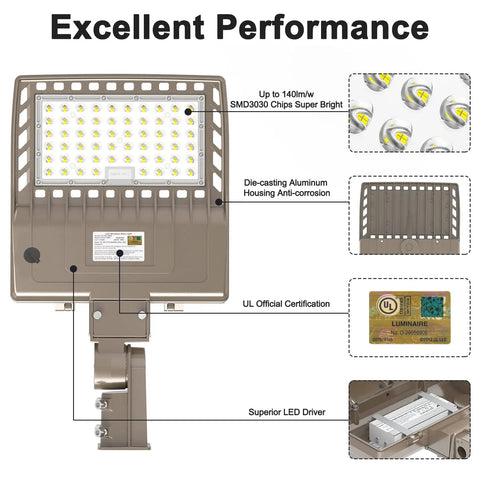 LED Parking Lot Light With Photocell, 19000 Lumens Shoebox Pole Fixture showcasing features and UL certification