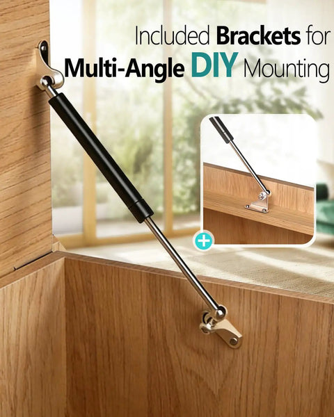 23 Inch Gas Struts With Heavy Duty Mount Brackets For Rv Bed Support And Storage Hatches 100 Pound Force 2 Pack shown with multi-angle brackets.