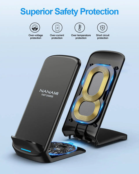 Upgraded Fast Wireless Charger Stand for Galaxy And iPhone Models No Cable Hassle, circuit protection features