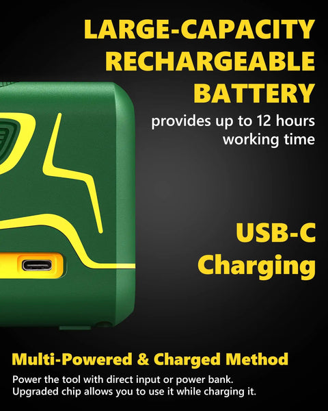 Close-up of Cross Line Laser Level With Rechargeable 2200 mAh Battery Type C Charging, showing USB-C port and charge details