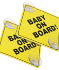 Baby On Board Car Sign Pack, Two Window Stickers With Super Strong Double Suction Cups, Bright Reminder For Drivers, Five By Five Inch Safety Vehicle Decals, Reusable Durable Baby In Car Warning Sign Style A