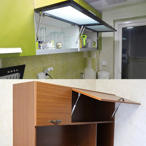 Heavy Duty Gas Struts For Cabinets 4 Pack Soft Close Lid Lift Supports With Brackets And Screws 80N And 150N Options in kitchen and wooden cabinet.