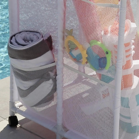 Weather Resistant Pool Storage Organizer Bin With Mesh Rolling Double Deck Rack Noodle Holder For Noodles Toys Balls And Floats Large Outdoor Pool Gear Storage White 35.3 Inches Wide 23 Inches Long 59.4 Inches High with towels and toys visible.