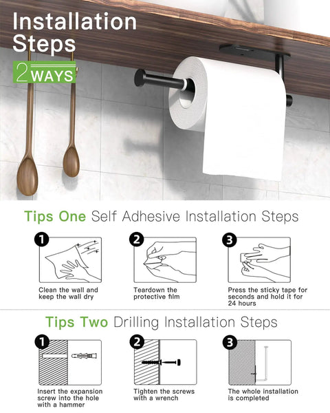 Installation guide for adjustable self adhesive paper towel holder under cabinet and under counter with adhesive pad and screws.