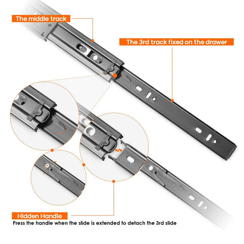 Beefy 12 Inch Drawer Slides Triple Pack, Heavy Duty Full Extension Ball Bearing, Side Mount Rails, shown with hidden handle and segments.