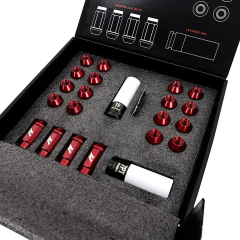 Beefy Aluminum Locking Lug Nuts 20-Piece Set M12x1.25 in box, aircraft-grade 7075-T6 silver with non-marring sockets visible