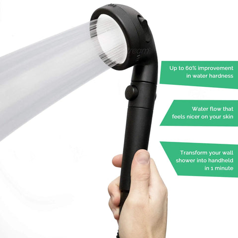 Person holding matte black spa-style shower head spraying water with text benefits, Upgrade Your Shower With Spa Like Ionic Filter To Soften Water, Boost Pressure, And Save Water, 3 In 1 Spray Jetting, Rainfall, And Massage, Includes 4 In 1 Wall Adapter Kit, Matte Black.