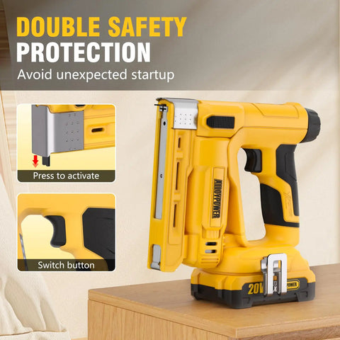 Built Tough 18 Gauge Cordless Brad Nailer And Crown Stapler Kit With 2Ah Battery And Charger showing safety features and grip.