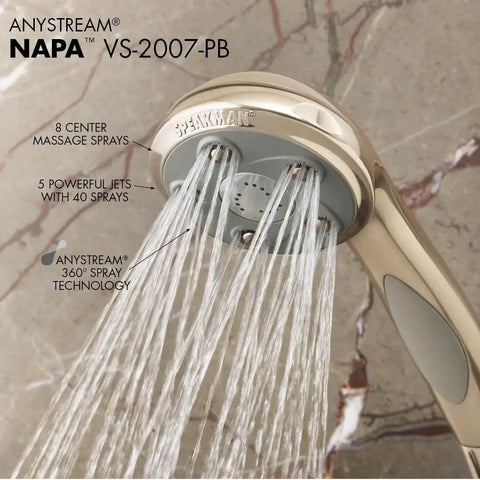 Napa Removable Hand Shower Head And Hose In Polished Brass 2.5 GPM With Anystream 360 Rotation 5 Adjustable Jets And 12 Massage Sprays