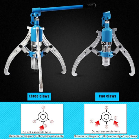 Rock Solid Hydraulic Bearing Puller Kit Adjustable For Vertical Or Horizontal Use Knocking Out Stubborn Bearings And Gears With Zero Sweat Includes Rugged Carrying Case And Heavy Steel Build with three and two-claw configurations.