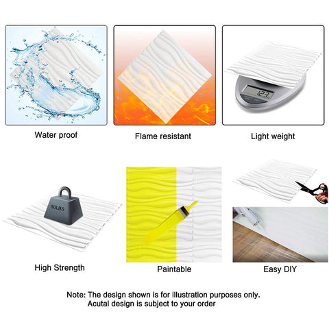 Wave Wall Panels 19.7 Inch Square Pack Of 12 White PVC Panels For Living Room And Kitchen showing features like fire resistance and lightweight