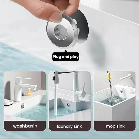 Top Shelf Stainless Steel Bathroom Sink Overflow Cover, Rust Resistant Drain Cap shown in use for laundry and washbasin sinks.