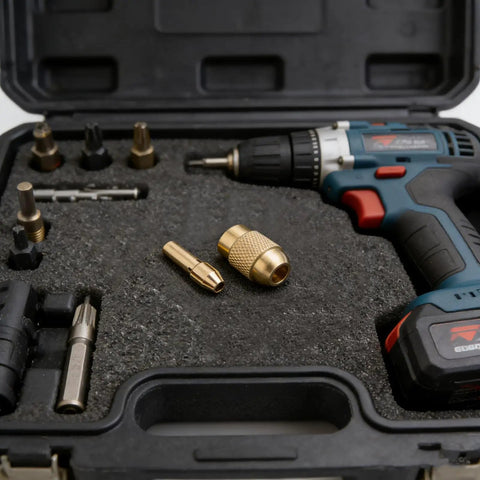 Get This 11-piece Mini Drill Chuck Collet Set With Copper Nut For All Your Rotary Tools in a storage case with a drill.