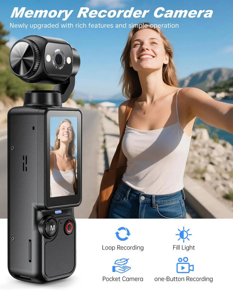 Pocket POV Camera With 180 Degree Rotating Lens, One-Tap Recording, 32GB Memory, 7 Hour Battery, Handy Vlog Cam