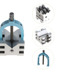 Beefy Four Piece V Block Set With Clamps In Wooden Case For Real World Machining Pro Grade Hardened Steel Two And Three Eighths By Two And Three Quarters By Two Inches HRC Fifty Eight To Sixty, V block set with clamp showing round stock fixture and angle details