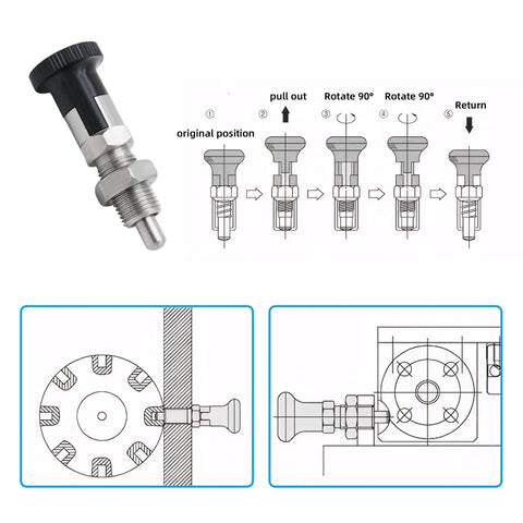 Heavy Duty M8 Stainless Steel Self Locking Spring Plunger With Rustproof Pin showing installation and operation mechanism.