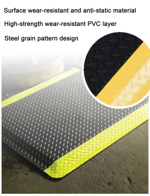 All Day Grind Ready Ergonomic Anti Fatigue Floor Mat Packs Next Level Cushioning And ESD Safe Traction Sturdy Contour Design Pure Leg Relief For Home Shops Or Counters Black 50 X 100 Cm showcasing PVC layer with yellow edge and textured surface.