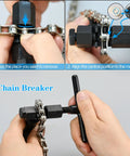 Hands using chain breaker tool on bicycle chain, All In One Bike Chain Kit For 6 7 8 Speed Systems Multi Function Repair Set