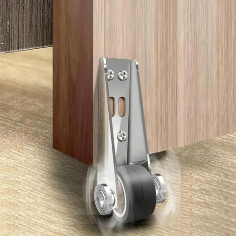No Sweat Low Profile Caster Wheels For Doors 2 Pack Rubber Non Slip Bottom Rollers showing adjustable wheel installation on wood.