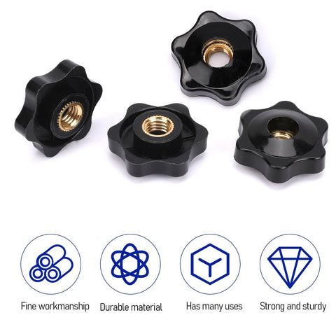 Mozeat six-lobed clamping knob with brass 1/4" female thread insert, black, set of four.