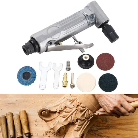 Heavy Duty Right Angle Air Die Grinder With Adjustable Speed Regulator and Beast Mode Tungsten Steel Internals For High Rpm Metalworking and Smooth Auto Detailing Work with accessories on wooden background.