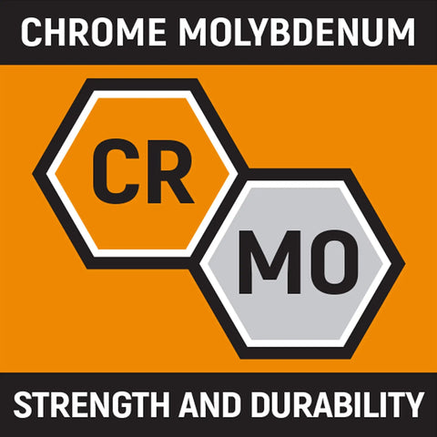 Chrome molybdenum hexagons graphic, strength and durability message.