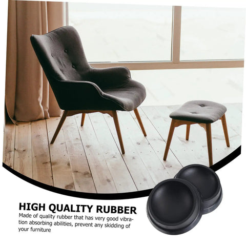 Tough As Nails Rubber Floor Cups With High Grip Non Skid Base For Rolling Office Chairs And Bed Wheels Straight Forward Easy Install Home Setup Floor Savers No Damage Guarantee Set Of Twelve Pieces displayed with a chair and footstool on wooden floor.