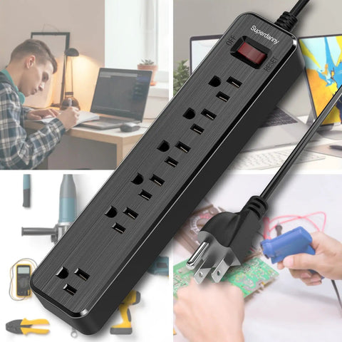 Must Have 6 Outlet Surge Protector Power Strip With Four And A Half Foot Extension Cord Two Pack 900 Joules Overload Switch Black