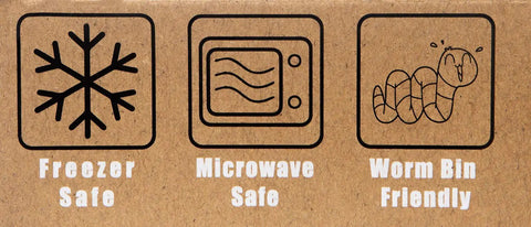 Compostable Cling Wrap With Quick Slide Cutter 12 Inches Wide By 200 Feet Long features freezer, microwave, and worm bin safe icons.