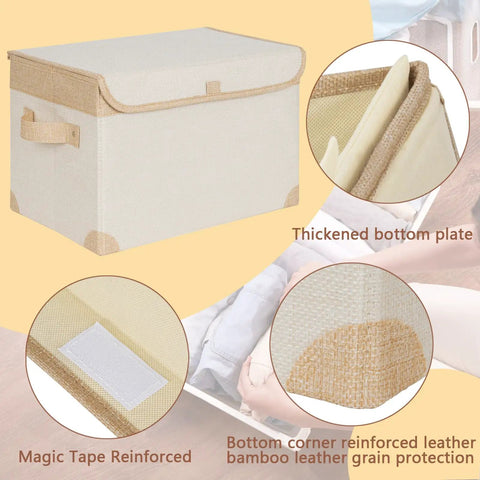 Sturdy beige foldable storage bin featuring tough reinforced side panels, perfect for organizing clothes and toys. Kick Some Clutter To The Curb With These Roomy Foldable Storage Bins Featuring Tough Reinforced Side Panels And Snug Fitting Covers Designed To Keep Your Home Base Looking Sharp And Fully Organized All Year Round.