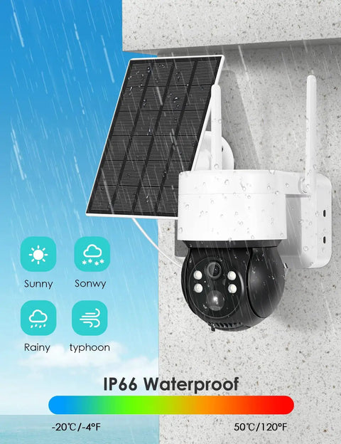 Outdoor 2K Light Bulb Security Camera With 360 Degree Panoramic View, showing waterproof features and solar panel in rain