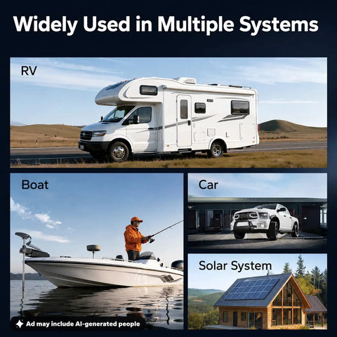 Heavy Duty 275A Power Distribution Bus Bar Featuring Four M8 And Six M4 Terminals For Battery Banks Solar Inverters MPPT Gear And Audio Rigs In Red And Black For No Mess Wiring Setups displayed in RV, boat, car, and solar system settings.