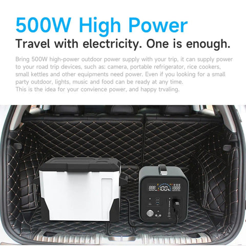 Go Anywhere 500W Solar Generator for Off Grid Power, Camping and Emergency Use, shown in car trunk with 220V output