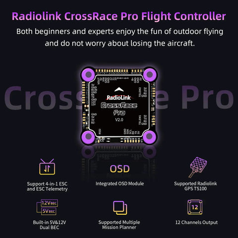 Radiolink CrossRace Pro APM Flight Controller for racing drones with features like OSD, dual BEC, and multi-channel support displayed.