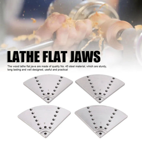 Heavy Duty Four Pack Eight Inch Flat Lathe Jaws Rock Solid Construction With Grade 45 Steel self centering design in use on a lathe.