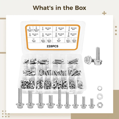 Open case of M6 M8 Metric Flange Bolt Kit With Nuts Washers And Hex Bolts 228 Pieces Pro Grade Stainless Steel Hardware