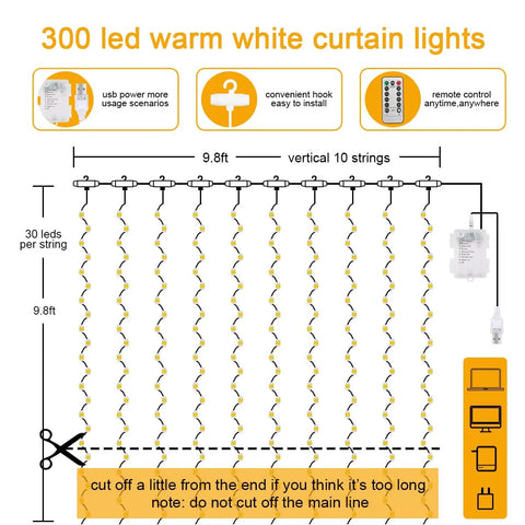 Diagram showing dimensions and features of 300 LED white fairy curtain lights, 9.8x9.8 ft, USB/battery powered, with remote control.