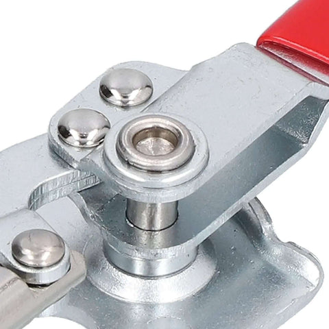 Close-up of Push Pull Toggle Clamp Quick Release for Welding and Electronics, showcasing galvanized iron body with plastic handle edge.