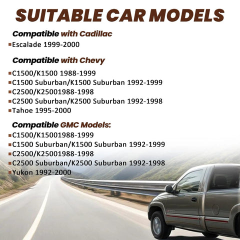 Image showing suitable car models for Heavy Duty Premium Power Steering Gearbox For 88 Through 00 Chevy GMC C1500 K1500.