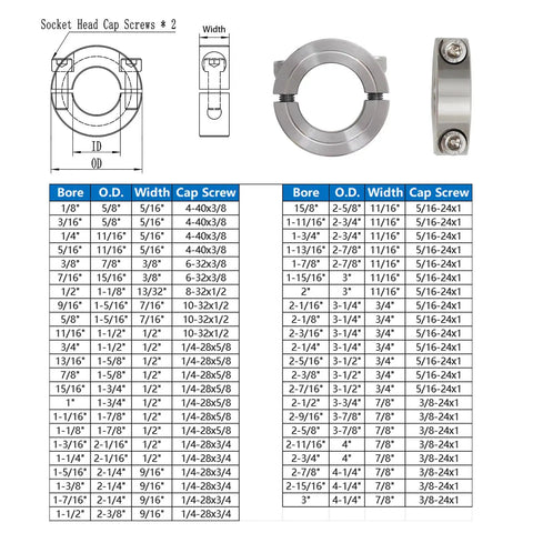 Diagram of One Inch Bore Double Split Clamp On Shaft Collars Four Pack 304 Stainless Steel, with detailed size chart.