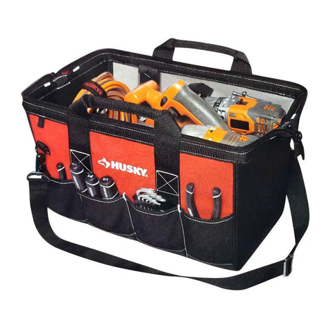 Red Tool Bag Set With 18 Inch, 15 Inch, And 12 Inch Bags, Zippered Tops And Shoulder Strap, Heavy Duty Construction, Ideal For Pros And Diy Projects, Durable Organizer For Tools, Wrenches, Sockets, Pliers, And More On Any Workday showing open red tool bag filled with tools