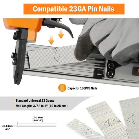 Compatible 23GA pin nails for Ultra Lightweight 23 Gauge Pneumatic Pin Nailer, showing nail length of 3/8" to 1".
