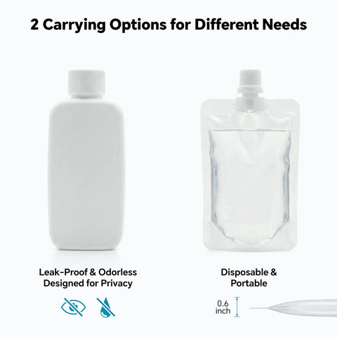 All In One Urine Test Practice Kit With Ten Temperature Strips Two Slick Hdpe Bottles A Grippy Hidden Strap Foldable Funnel And Solid Sample Bags For No Sweat Testing Right At Home, featuring two containers.