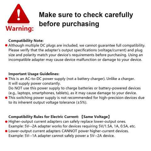 Warning text for 5V 2A DC Power Adapter With 9 Interchangeable Jacks highlighting compatibility and usage guidelines.
